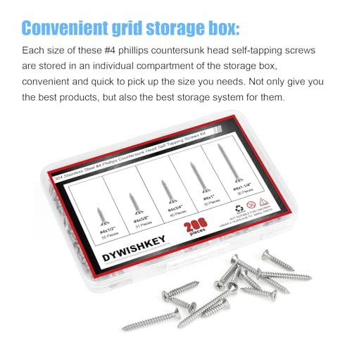 DYWISHKEY 206-Piece Wood Screw Assortment Kit - #4 x 1/2", "5/8", "3/4", "1", "1-1/4" Screws - size: #4