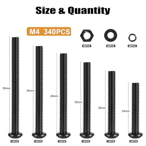 VGBUY 340Pcs M4 Screw Kit, Black M4 Screws Bolts, 25/30/35/40/45/50mm Metric Button Head Cap Screw Assortment Kit with Washer Nuts,10.9 Grade - size: M4x25/30/35/40/45/50mm, style: Button Head