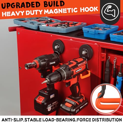 ULIBERMAGNET New Upgraded Heavy Duty Magnetic Garage Hooks,4 Pack Strong Large Magnet Hooks for Power Drill,Garden Tools,Hose,Pegboard,Garage, Workshop,Magnetic Storage Hook for Hanging(Orange) - style: V1 Pro 2.59INCH 4PACK Orange Medium Hooks