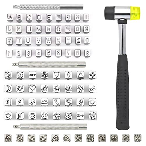 84 PCS Leather Craft Stamping Tools Set, Include 26 6.5mm Alphabet & 10 Number & 32 Patterns Stamp & 12 Tangcao Patterns Stamp & 3 Stamping Handle & 1 Leather Hammer, Leather Craft Stamps - color: 84 Pcs