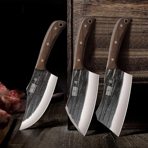 HOSHANHO Butcher Knife Set, 3PCS Knife Set of Bone & Cleaver & Viking Knife | High Carbon Steel Serbian Chef Knife Set of Heavy Duty Chopping Knife for Home, Cooking, Outdoor Camping BBQ - size: 6"
