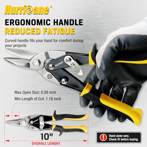 HURRICANE 10 inch Aviation Tin Snips, Straight Cut Metal Shears with Non-Slip Tyregrip Handle, Cr-V Steel Blades Shears for Thin Sheet Metal, Aluminum, Gutter & DIY Projects - size: 10 Inch Regular: Straight Cut