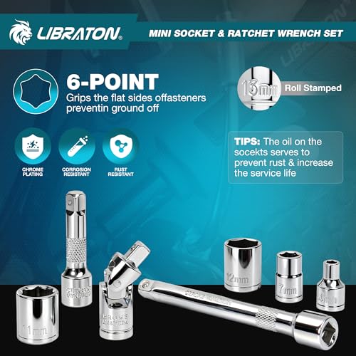 LIBRATON 1/4" Dr Mini Socket & Ratchet Wrench Set with Bits, 4-13mm Socket