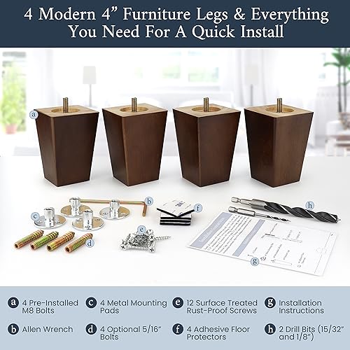 Airy Abode Premium Walnut Square Furniture Legs (Full Install Kit) - Pick Your Size and Color - color: Brown, size: 4 Inches