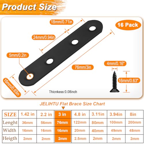 JULIHTU 16 Pack Black Flat Bracket 3 inch Straight Brace - color: Black, size: 16 Pcs / 3 x 0.63 in