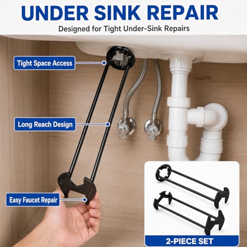 2PCS Basin Wrench, Under Sink Faucet Tool for Tight Spaces | 7 fixed openings, 360° rotating head, narrow cabinet access, metal build, installation and removal support