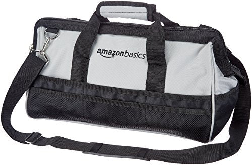 Amazon Basics Durable Wear-Resistant Tool Storage Bag with Adjustable Shoulder Strap, Portable Tool Organizer, 16 in, Black & Grey - size: Large Standard Bag