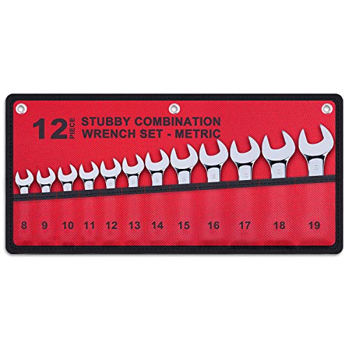 Premium Stubby Combination Wrench Set with Roll-up Pouch, 12-Piece, Metric, 8mm to 19mm, No Skipped Size | Cr-V Steel, Mirror Polished Finish | Short Length and Slim Body, Perfect for Confined Areas - size: Metric Set