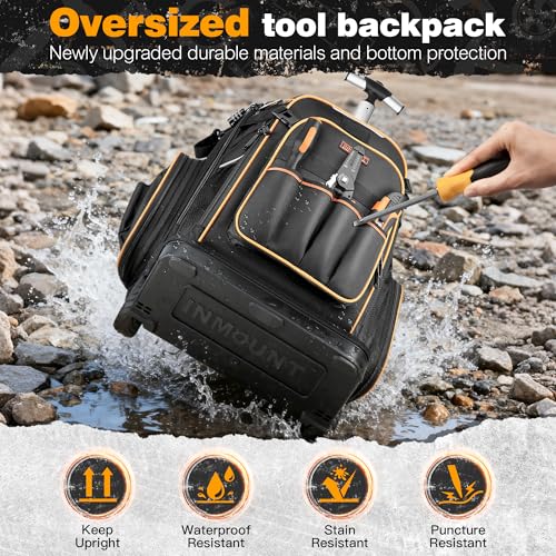 Tool Backpack, HVAC Tool Bag with Molded Base, Full Opening Electrician Tool Backpack for Men Heavy Duty, Tools Organizer Bags for Jobsite Work Handyman, Large Pockets & Combination Lock