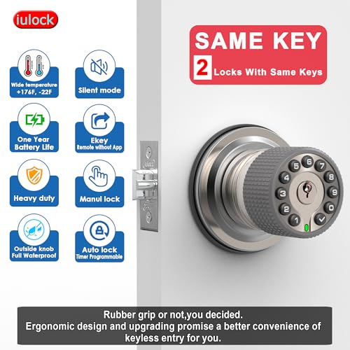 iulock Smart Door Knob with Keypad and Key,Keyless Entry Door Lock with Rubber Grip, Auto Lock,50 User Code,Waterproof, Easy to Install and Program for Bedroom(Stain Nickel Same Key 2 Pack) - color: Stain Nickel Same Key 2 Pack