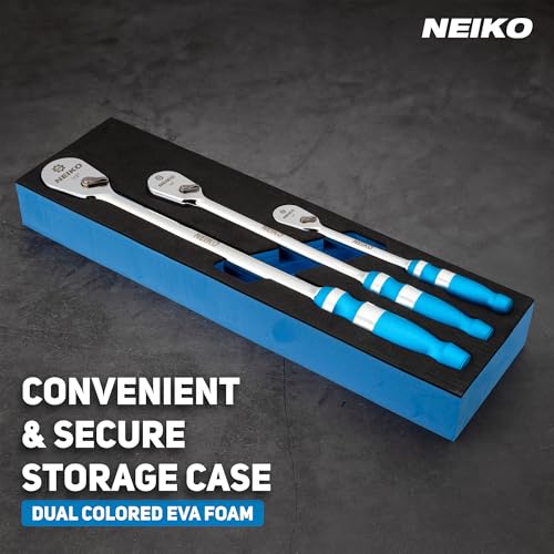 NEIKO 03006A Flat Head Ratchet Set - 3 Piece Low Profile 1/4, 3/8, 1/2 Inch Drive, 90 Teeth, Anodized Textured Grip Handle, Long Handle, Sealed Head, Cr-Mo - size: 1/4", 3/8", 1/2" Drives, style: Flat Head Ratchet
