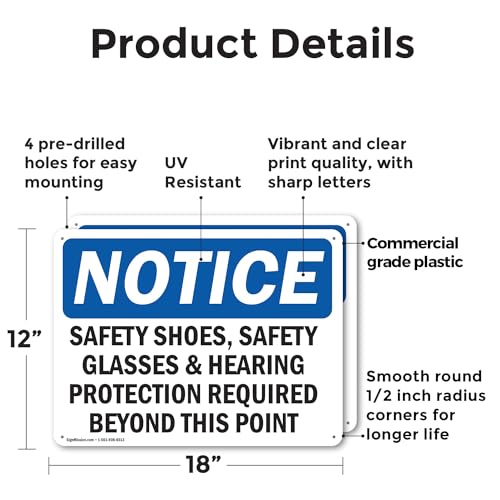 (2 Pack) Safety Shoes Safety Glasses & Hearing Protection OSHA Notice Sign 18 Inch X 12 Inch Plastic Sign, Weather Resistant, UV Protected for Workplace, Business, and Construction Site, Made in the USA - size: 18 Inch X 12 Inch, style: Plastic