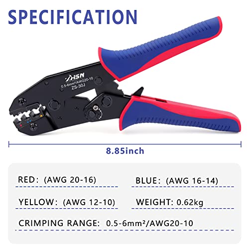 Zhushan Ratcheting Electrical Wire Crimper, 30J Crimping tool (AWG 20-10/0.5~6mm²) for Insulated Butt Bullet Spade Fork Ring Solderless Terminals, Ratchet Insulated Terminal Crimper - style: ZS-30J Crimping Tool
