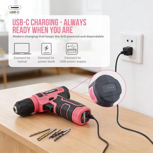 Hi-Spec Tool Set with 8V Drill Set Home DIY Repair & Maintenance, Pink | Cordless USB Electric Drill Driver, Hand Tool Kit for Women and Men, Complete Home DIY Tool Box, Gift, Home Setup help, Tidy - color: Pink, size: 70-Piece