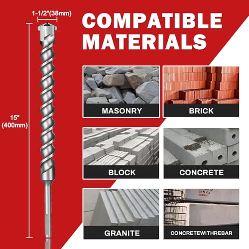 1-1/2" （38mm）x 15" SDS Max Cross-Tip Rotary Hammer Drill Bit – Upgraded Heat-Treated Carbide Head, Extended Length 400mm for Longer Working Depth, Concrete Drill Bit for Masonry, Brick & Stone - size: 1-1/2" （38mm）x 15"