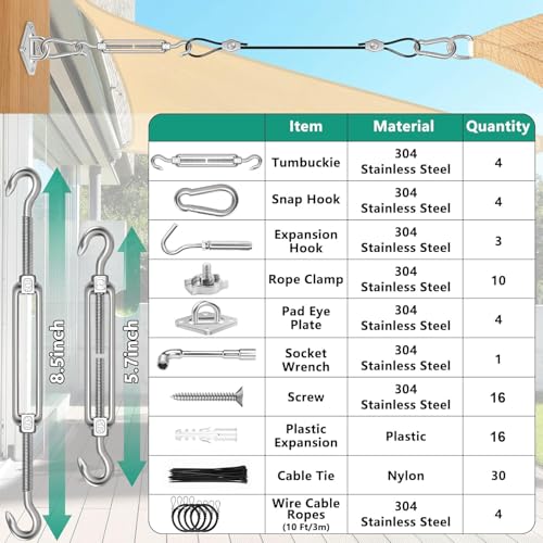 4 PCS 10ft Sun Shade Sail Hardware Kit, 304 Stainless Steel Cable Wire with Nylon Coating - for Rectangle Triangle Square Shade Sail Installation, Outdoor Garden Patio