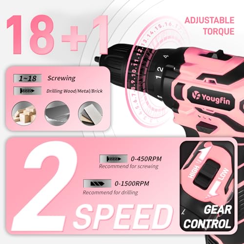 Pink Cordless Drill Driver Set 12V with Charger and 195PCS Tool Kit