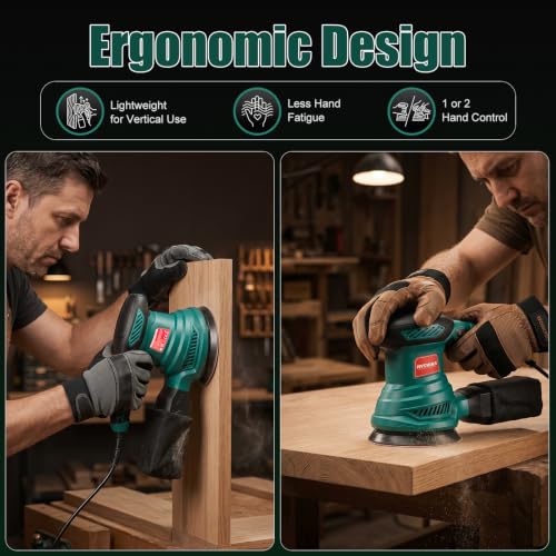 HYCHIKA 5-Inch Orbital Sander with Upgraded Vacuum Dust Collector, 300W Motor 6000-13000 OPM 6 Variable Speeds with10 Pcs Sandpapers for Furnitur, Refinishing & DIY