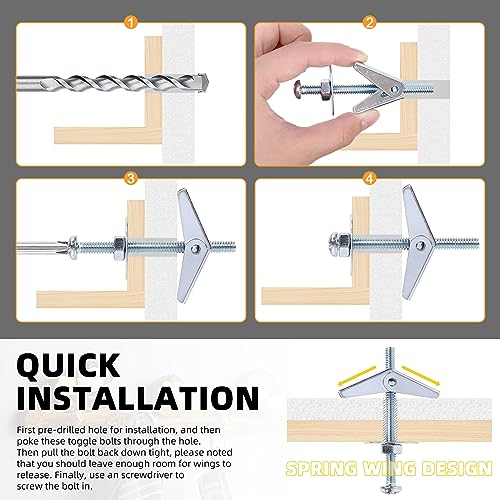 Tanstic 30 Sets 3/16 Inch Toggle Bolt and Wing Nut Assortment Kit, Butterfly Toggle Anchors with Wing Nuts, Hex Nuts, Washers, Hollow Drywall Anchors and Screws for Drywall