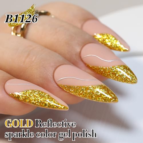 Double Rhythm 15ML Glitter Gel Polish Shimmer Reflective Holographic Color Magnetic for Nail Art Salon DIY at Home (Golden Chunky-B1126) - color: Hot Gold