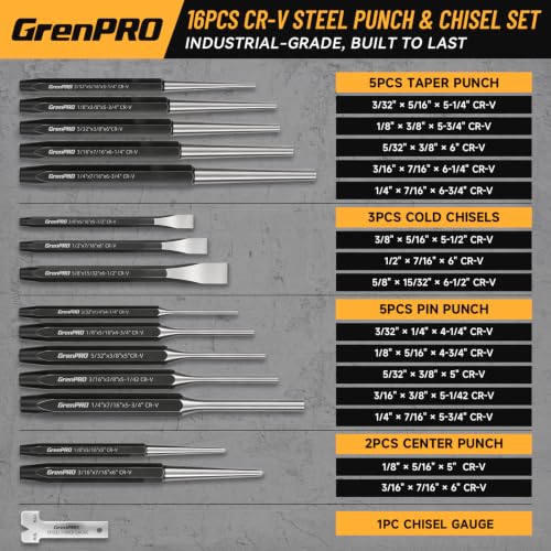 GRENPRO 16‑Piece Heavy Duty Punch Chisel Set, 40CrV with Storage Pouch
