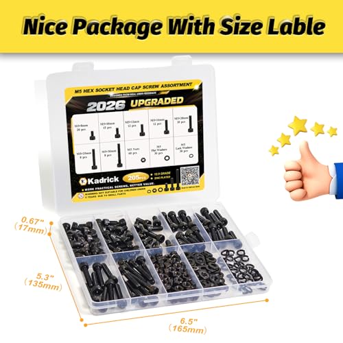 KADRICK 205PCS M5 Screws Kit,Class 12.9 Alloy Steel Hex Socket Head Cap - size: M5 205Pcs
