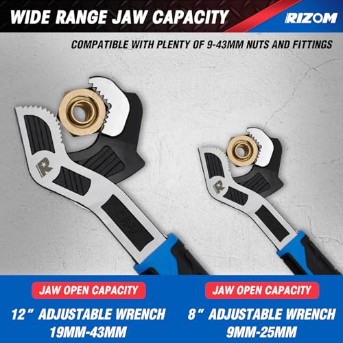 Rizom Self Adjusting Wrench, 8” and 12” Pipe Wrench, 2-Piece Self Adjustable Wrench Set with 3/8 to 1-3/4 inch Jaw Open - color: Blue