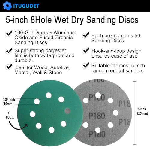 5 Inch 8 Hole P180 Grit Zirconia Wet Dry Sanding Discs - 50 Pack - size: 180 Grit