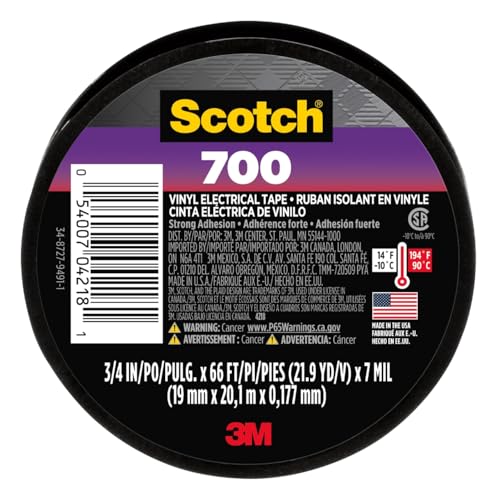 Scotch Vinyl 700 Electrical Tape, 1 Roll, Black, 3/4-in x 66-ft, General Purpose, Commercial Grade, Rated for Temperatures Up to 194-Degree, Highly Flexible, Stretchy & Conformable (700) - style: 1 Pack