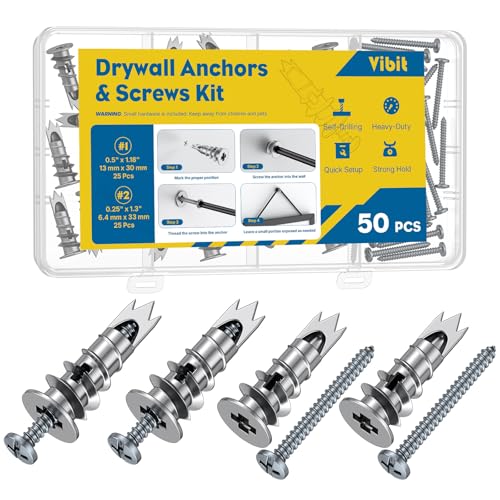 Vibit Self Drilling Drywall Anchors, Heavy Duty Wall Anchors for Drywall, Metal Dry Wall Anchors and Screws Kit, Zinc Alloy Sheetrock Anchors with #6 x 1 5/16" Screws, Picture Hanging Kit, 50 Pcs - size: 50 Pcs