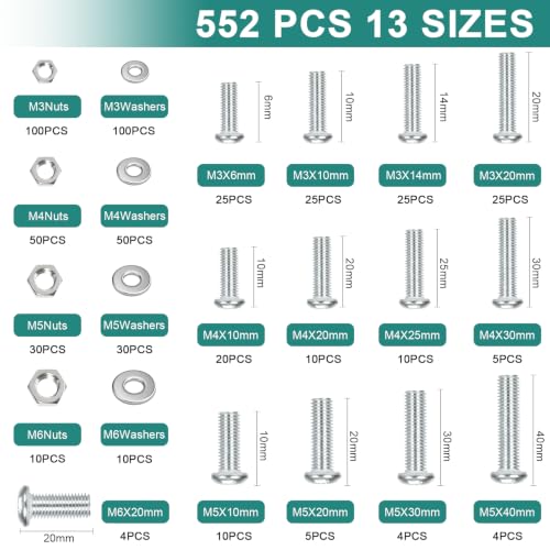 552 Pcs Metric Screws Nuts and Bolts Assortment Kit, M3 M4 M5 M6 Set Screws