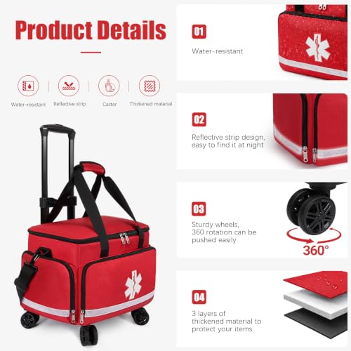 Medical Bag Rolling Roller Bag Trolley Duffel Nurses EMT CNA RN Empty for First Aid Responder Home Health Care Nursing Student Roll Duffle Bag Carry on Wheels Wheeled Work Physicians Doctor - color: Red