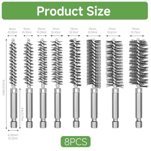 8 Pack Wire Brush Drill Bore Cleaning Brushes Set, Durable 1/4" Hex Shank Twisted Wire Brush, Different Sizes 8 9 10 11 13 15 17 19mm for Power Drill Rust