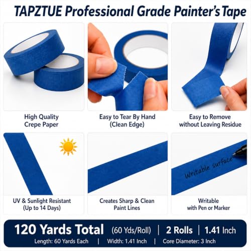 Blue Painters Tape 1.41 Inch Wide, 2 Rolls Masking Tape 1.41 Inch x 60 Yds - size: 2 Rolls Blue Painters Tape 1.41 Inch x 60 Yds Each