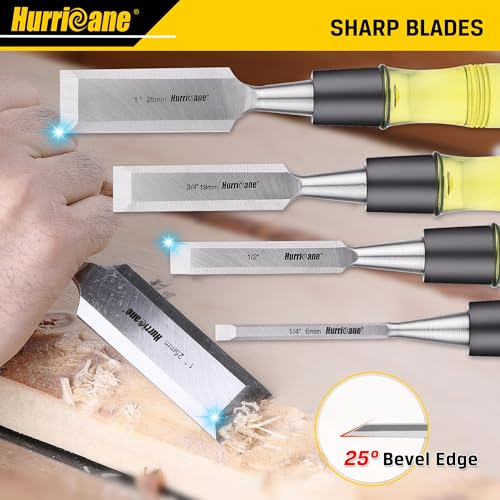 HURRICANE 4 Piece Wood Chisel Set for Woodworking. CR-V Steel Beveled Edge Blades with Safety Caps. Durable PVC High Impact Handle, for Precision Carving & DIY Projects (1/4", 1/2", 3/4", 1") - size: Regular Size Grip