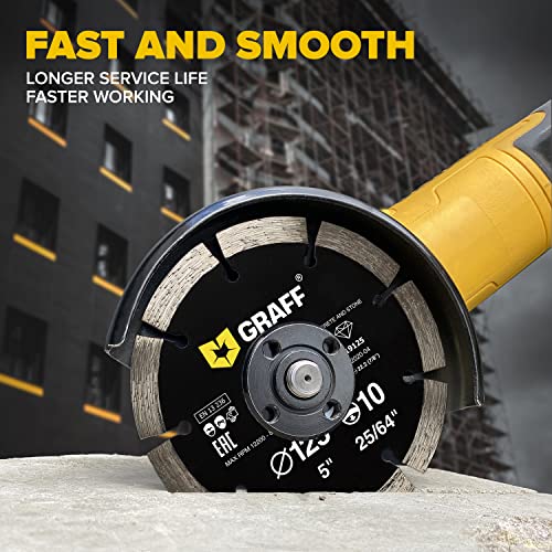 5 Inch Diamond Blade for Angle Grinder — Diamond Cutting Wheel for Cutting Stone, Marble, Granite, Brick, Masonry, Paving Flag, Concrete — Diamond Saw Blades Segment Height 0.394” (10 mm) — GRAFF - size: Ø 5 Inch Segment, style: Diamond Segment Blades