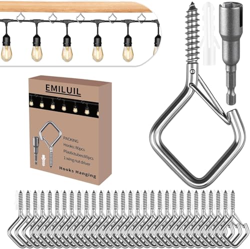 80 Pcs 304 Stainless Steel Eye Screw Hooks for Hanging Heavy Duty.Windproof Ceiling Hooks for Hanging Plants,Cup,Wind Chime,Bird Feeders,Christmas String Lights at Indoor&Outdoor 2.2 Inch - size: 80 PCS
