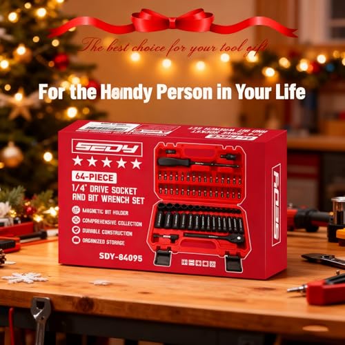 64-Piece 1/4" Drive Impact Socket Wrench Driver-Bits Set, Cr-V Metric&SAE Deep and Shallow Socket Set, S2 Power Bits with Quick-Release Ratchet Handle, Universal Joint, Bit Holder, Power Drill Adapter - style: 1/4" | 64-Piece Socket & Bit Set