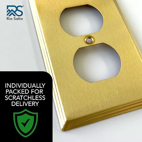 Rio Salto BRASS Outlet Covers Duplex Receptacle Wall Plate Electrical Outlet Covers Brushed Gold Metal Decorative Wall Plate — Deco Collection 4.50" X 2.75" - color: Duplex 1-Gang (8-Pack)