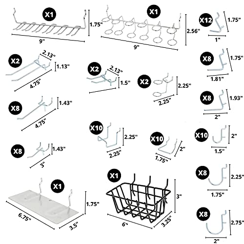 Hiltex 53108 100 Piece Metal Peg Board Hooks and Accessories Set, Pegboard Hooks Assortment, Bins & Hooks for Crafts, Organizer for Garage, Peg Board Tool Utility Hook, 1/4 Pegboard Hooks Accessories - style: 100 Piece: Hooks, Basket, and Tray