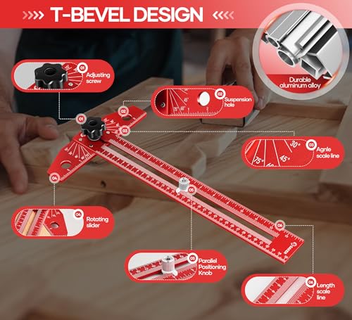 Saker Woodworking Scriber Marking Line Ruler,Aluminum Alloy T-Square - color: Red