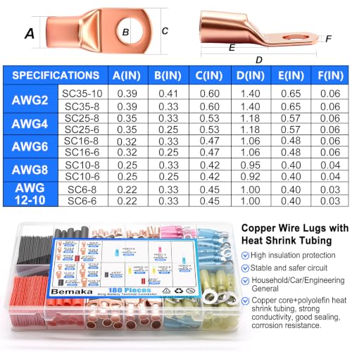 180Pcs Copper Wire Lugs Kit, Battery Cable Ring Terminal Connector with Heat Shrink Tubing, AWG 2 4 6 8 10 12 14 16 Gauge Heavy Duty Wire Connectors Terminal Set for Car Solar Marine RV Wiring - size: 180Pcs