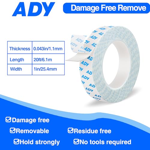 ADY Double Sided Tape Removable 1in x 20ft, Mounting Tape Heavy Duty,Picture Hanging Adhesive Strips Damage Free for Wall - color: White