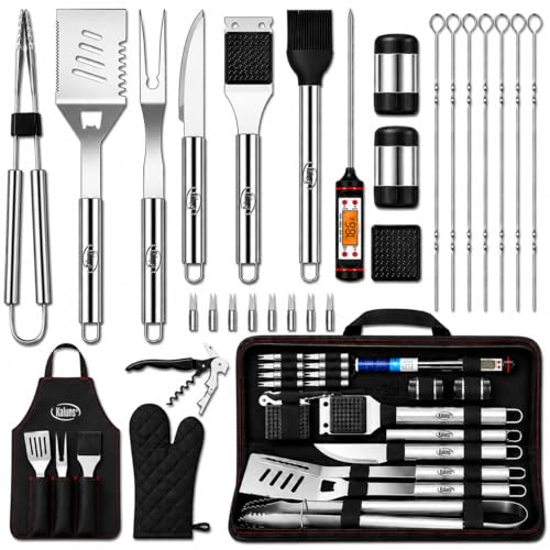 Kaluns Grilling Accessories, Dad Gifts for Christmas, Heavy Duty Stainless Steel Grill Set BBQ Grill Accessories for Outdoor Grill with Meat Thermometer, Case and Apron - size: 30 Pcs