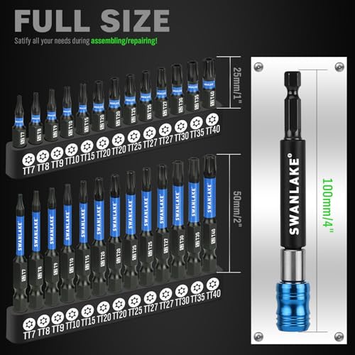SWANLAKE Impact Torx Bit Set, 27-piece (TT7-TT40) 1''&2'' Security Tamper Proof Magnetic Screwdriver Bits, CNC Machined Tips, S2 Steel Long Torque Star Bits with 4'' Impact Bit Holder and Storage Box - style: Upgraded Version