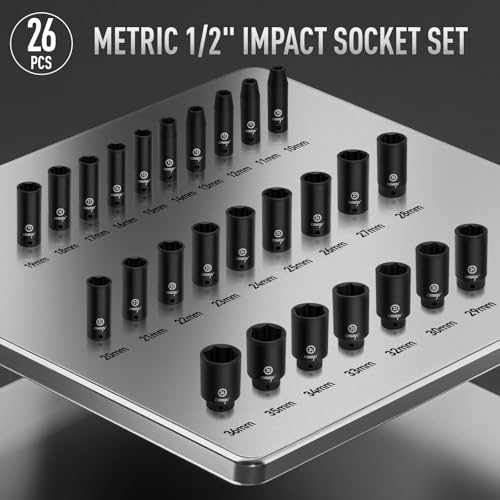 DISEN 26 Pcs Metric 1/2" Impact Socket Set - size: 1/2“ 26PCS