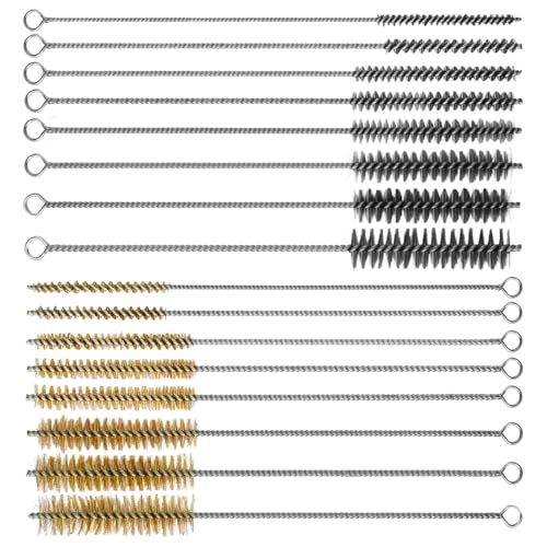 RAWILL 16Pcs Tube Cleaning Brush, Brass Stainless Steel Engine Cleaning Brushes, 12 Inch Long Round Wire Pipe Cleaner for Deep Pipes, Auto Parts, Engine Parts, 8 Sizes - color: Yellow and Silver, size: 16 Pcs-8 Size
