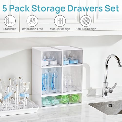 Vtopmart Stackable Storage Drawers Set of 5, Baby Bottle Organizer, White - style: White-2 Small+2 High+1 Wide