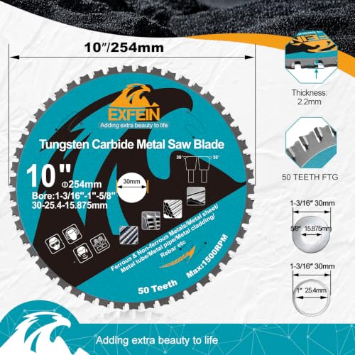 10 Inch 50T Metal Circular Saw Blade - EXFEIN Tungsten Carbide Tipped Saw Blade Arbor 1-3/16" for Metal Sheet or Pipe, Angle Iron, Rebar, Ferrous Metals, Non-Ferrous Metals - size: 10"