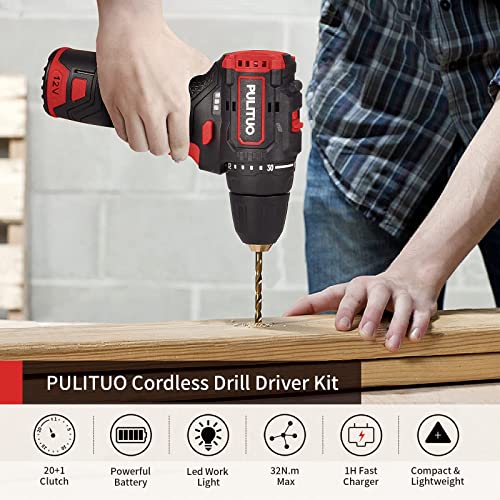 PULITUO Brushless Electric Drill Set,[Brushless Motor],12V Power Drill 310 In-lb Torque, 20+1 Clutch, 3/8" Keyless Chuck,45min Fast Charger, 2 Speed, LED Light for Home and DIY Project - color: 75933-red